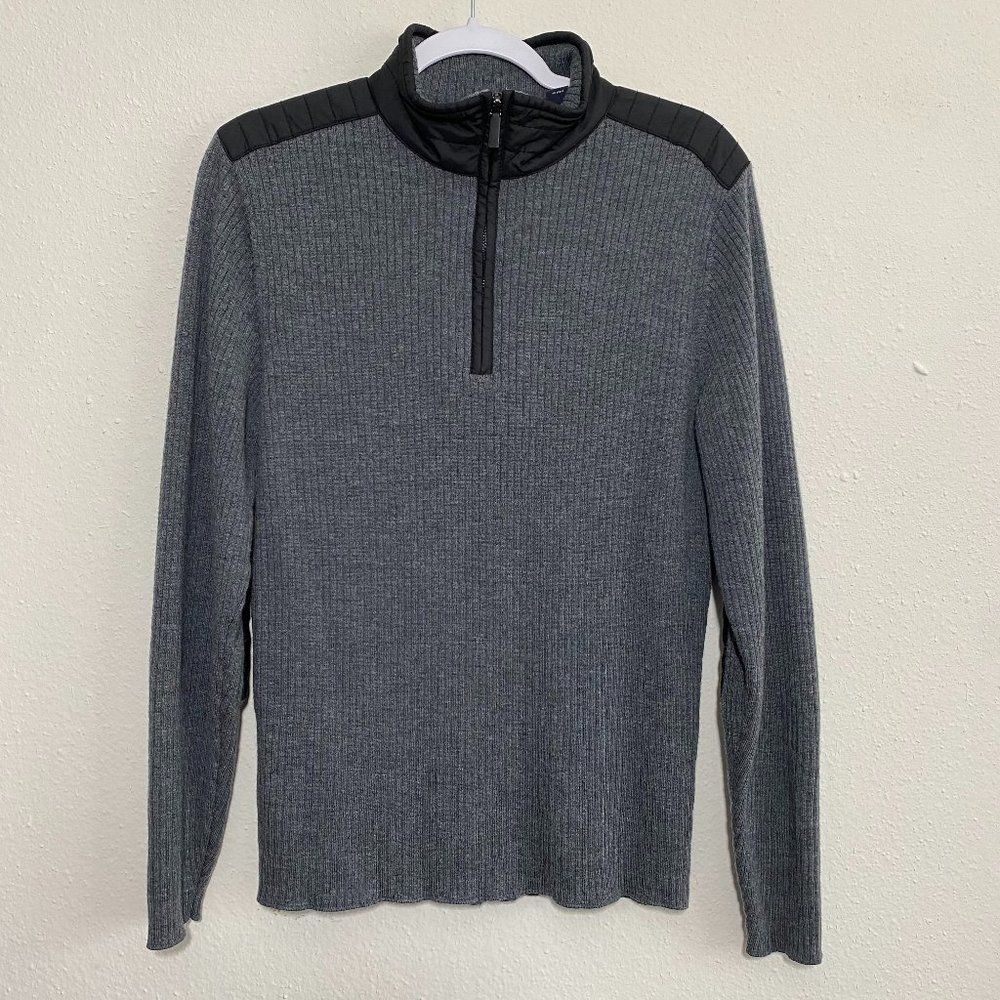 Hart Schaffner Marx Quarter Zip Merino Wool Grey Ribbed Black Quilted Sweater M